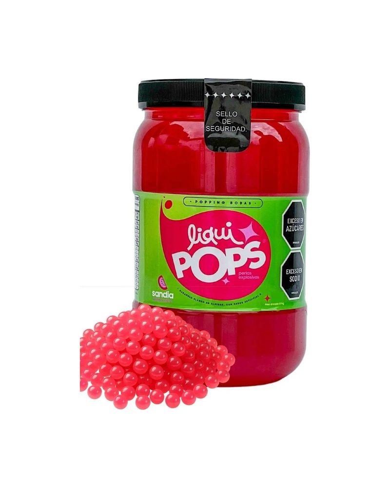 Tarro LiquiPops sandia 1150g — perlas explosivas en almíbar, fondo blanco